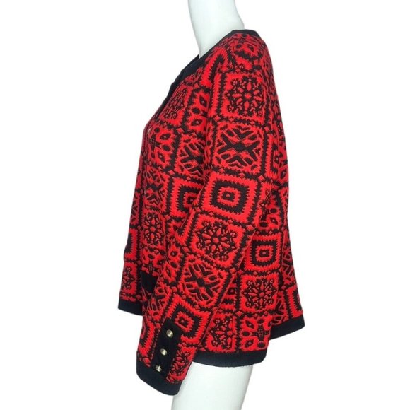 Stuart Alan  Cardigan Sweater Womens Size 10 Red Black‎ Geometric Patch Vintage - Picture 3 of 10